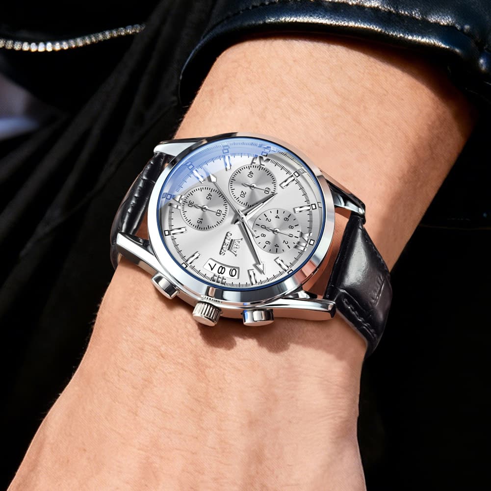 OLEVS 2987 Ultra-Light Leather Chronograph Quartz Watch for Men - Silver Grey Watch | Olevs Watch Store