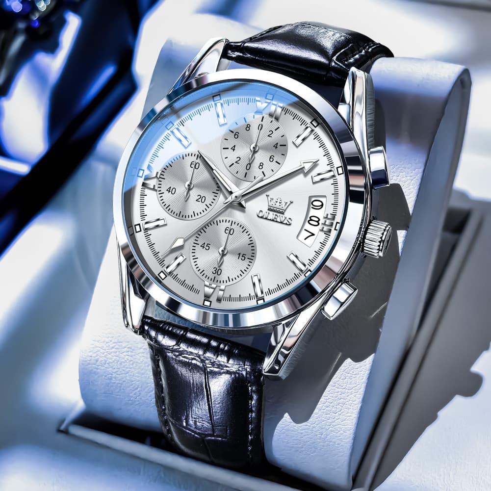 OLEVS 2987 Ultra-Light Leather Chronograph Quartz Watch for Men - Silver Grey Watch | Olevs Watch Store