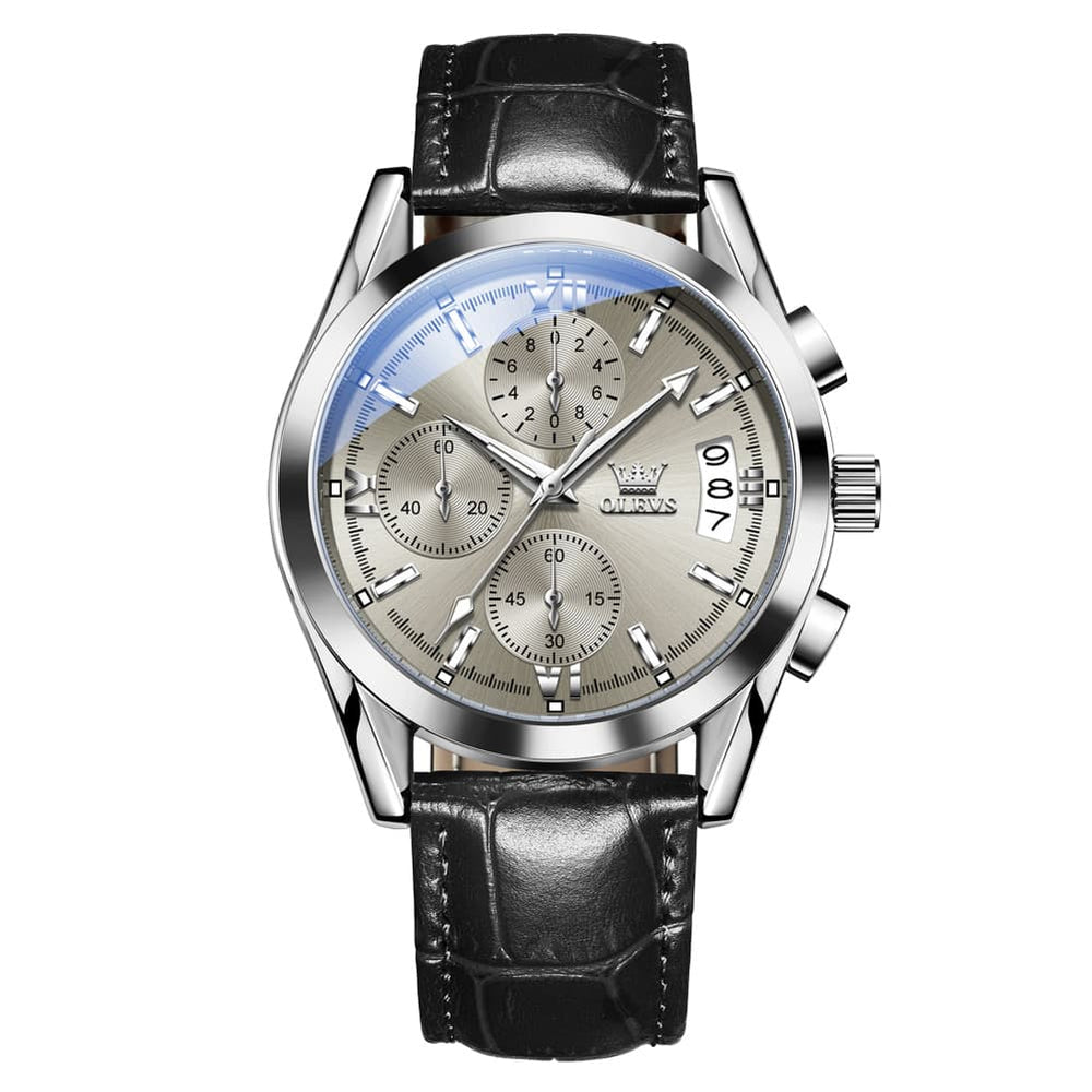 OLEVS 2987 Ultra-Light Leather Chronograph Quartz Watch for Men - Silver Grey Watch | Olevs Watch Store