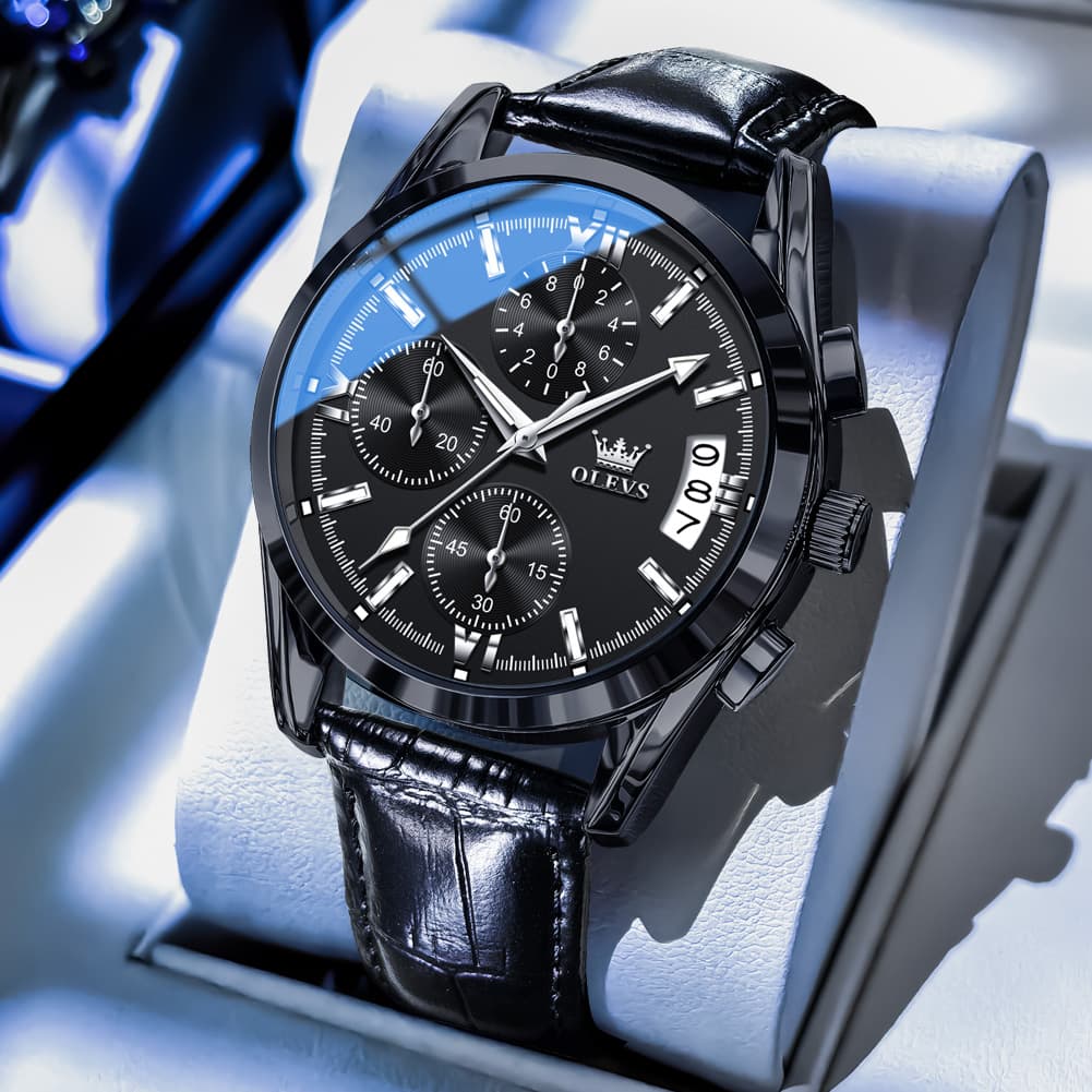 OLEVS 2987 Ultra-Light Leather Chronograph Quartz Watch for Men - Silver Grey Watch | Olevs Watch Store