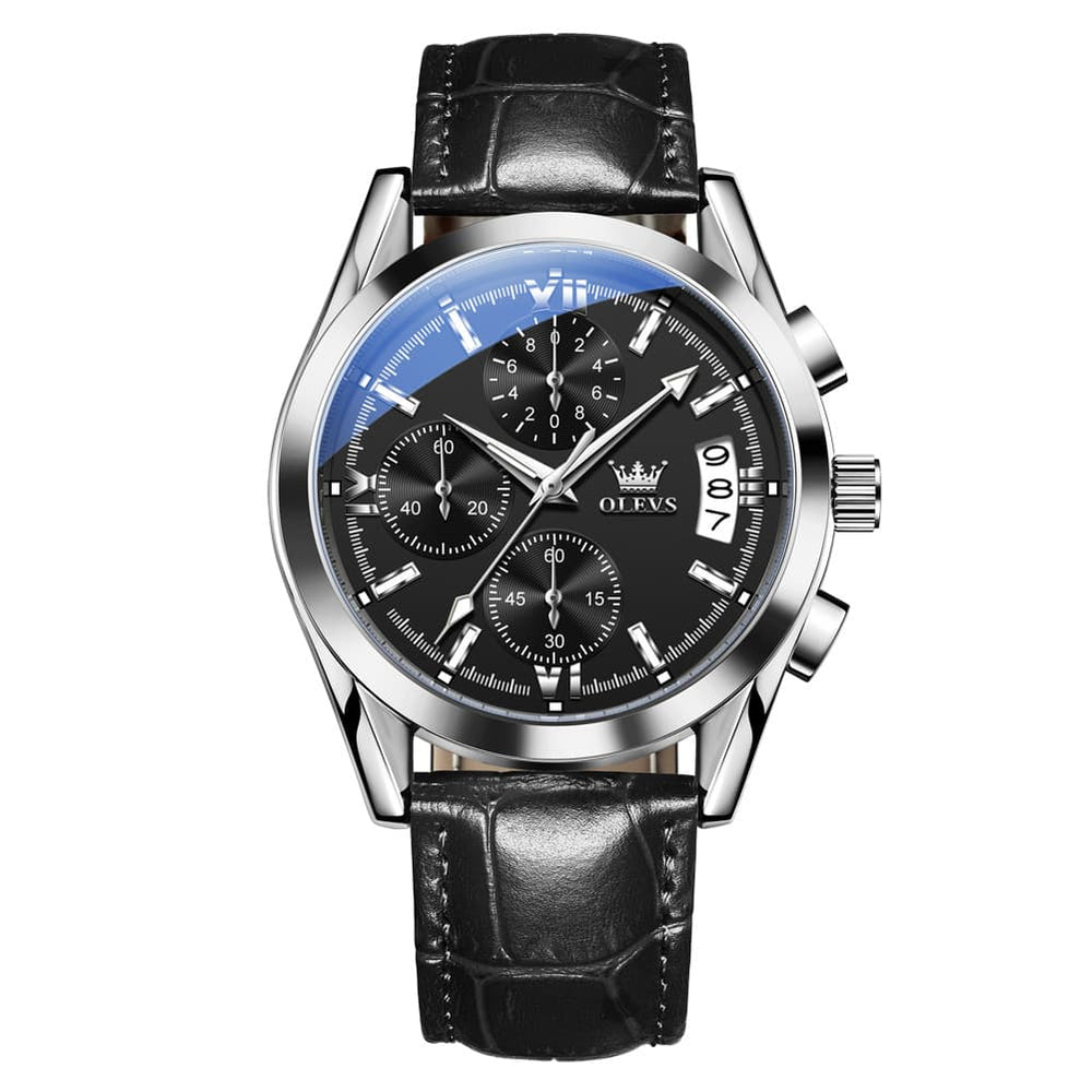 OLEVS 2987 Ultra-Light Leather Chronograph Quartz Watch for Men - Silver Grey Watch | Olevs Watch Store