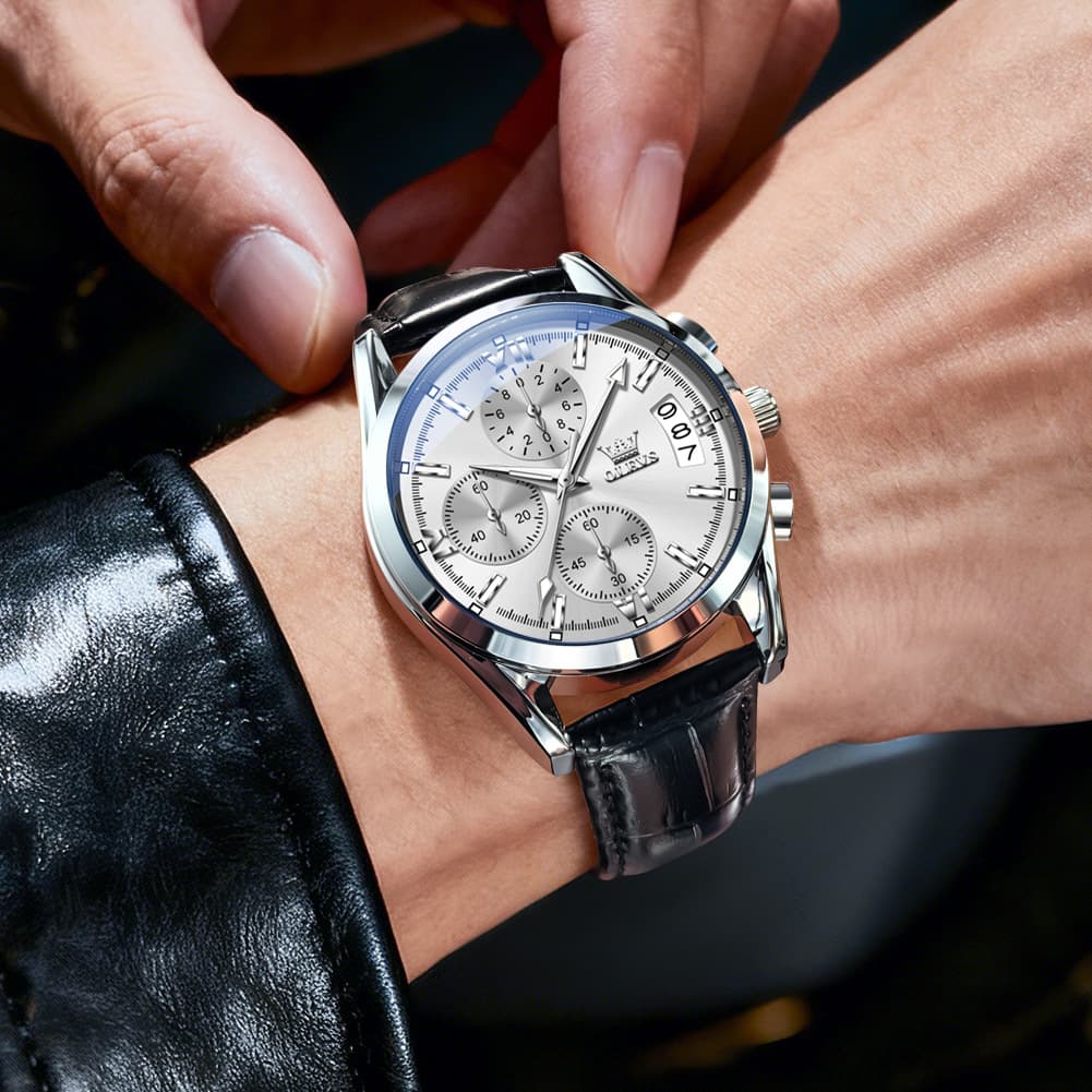 OLEVS 2987 Ultra-Light Leather Chronograph Quartz Watch for Men - Silver Grey Watch | Olevs Watch Store