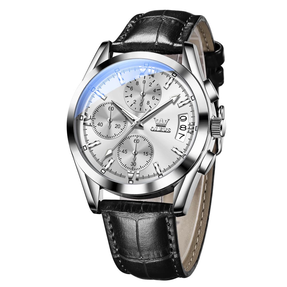 OLEVS 2987 Ultra-Light Leather Chronograph Quartz Watch for Men - Silver White Watch | Olevs Watch Store