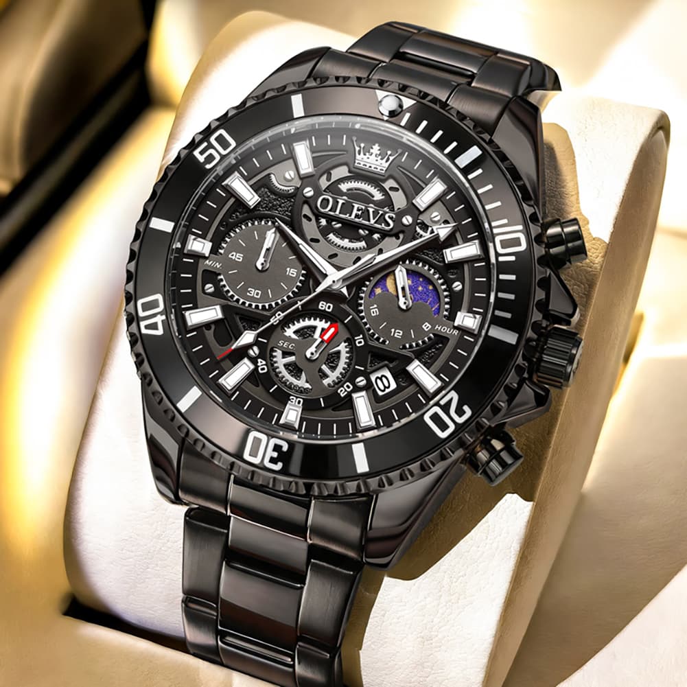 OLEVS 2990 Textured Steel Luminous Sport Watch for Men - All Black Watch | Olevs Watch Store