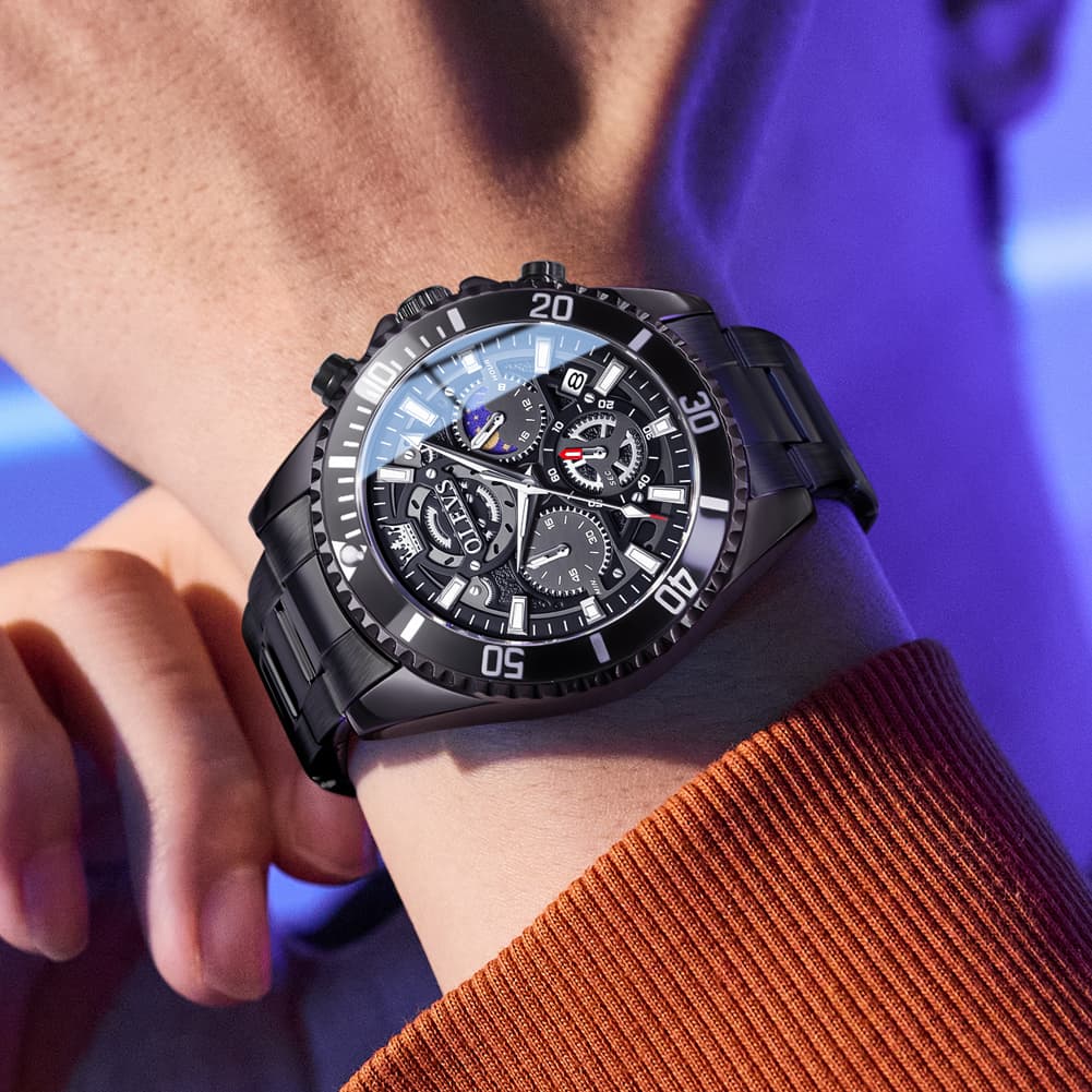 OLEVS 2990 Textured Steel Luminous Sport Watch for Men - All Black Watch | Olevs Watch Store