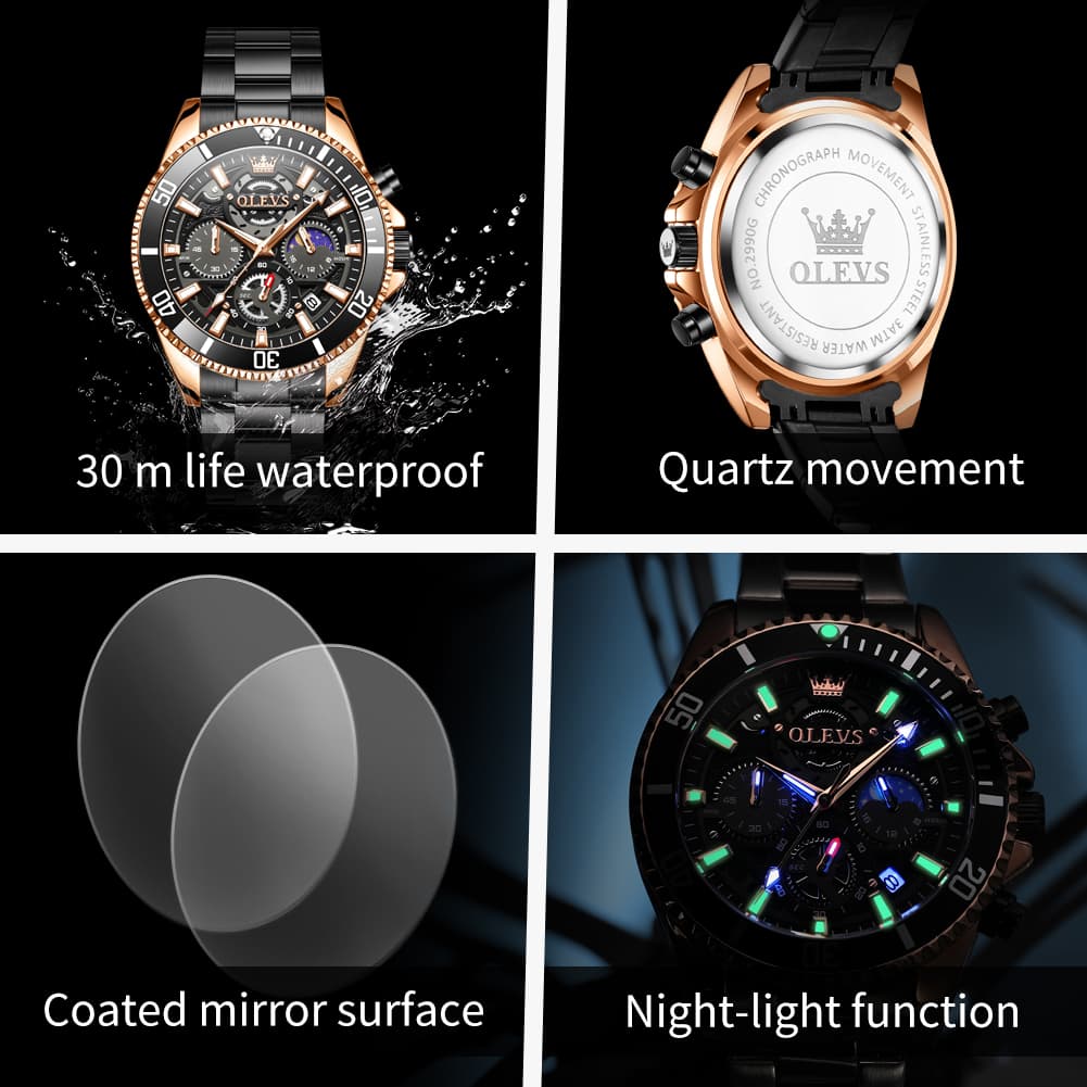 OLEVS 2990 Textured Steel Luminous Sport Watch for Men - All Black Watch | Olevs Watch Store