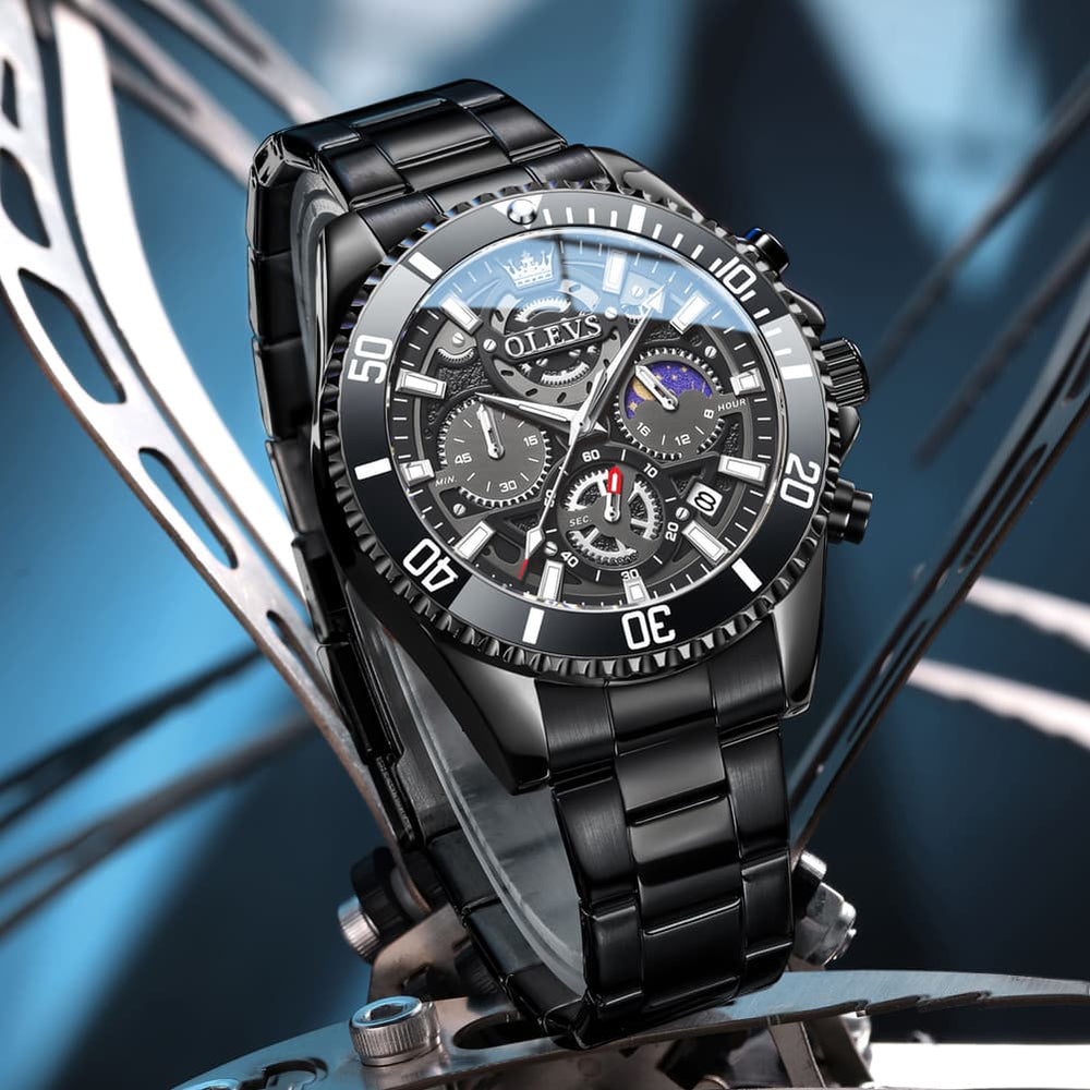 OLEVS 2990 Textured Steel Luminous Sport Watch for Men - All Black Watch | Olevs Watch Store