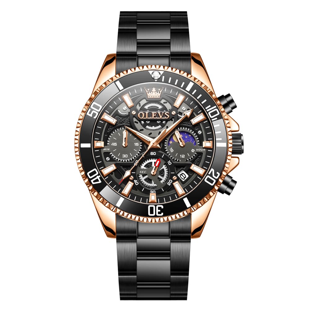 OLEVS 2990 Textured Steel Luminous Sport Watch for Men - Rose Gold Black Watch | Olevs Watch Store