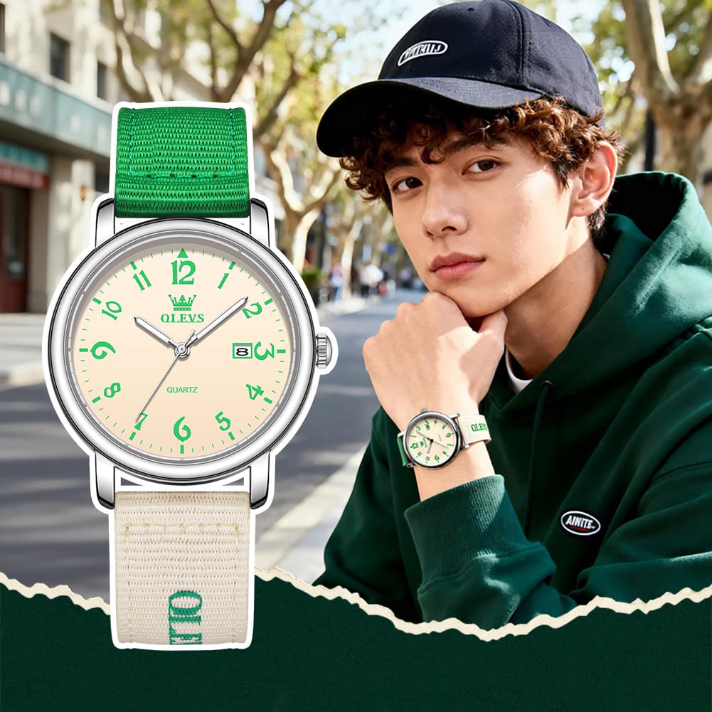 OLEVS 2991 Nylon Strap Casual Retro Quartz Watch for Men and Women - Green Watch | Olevs Watch Store
