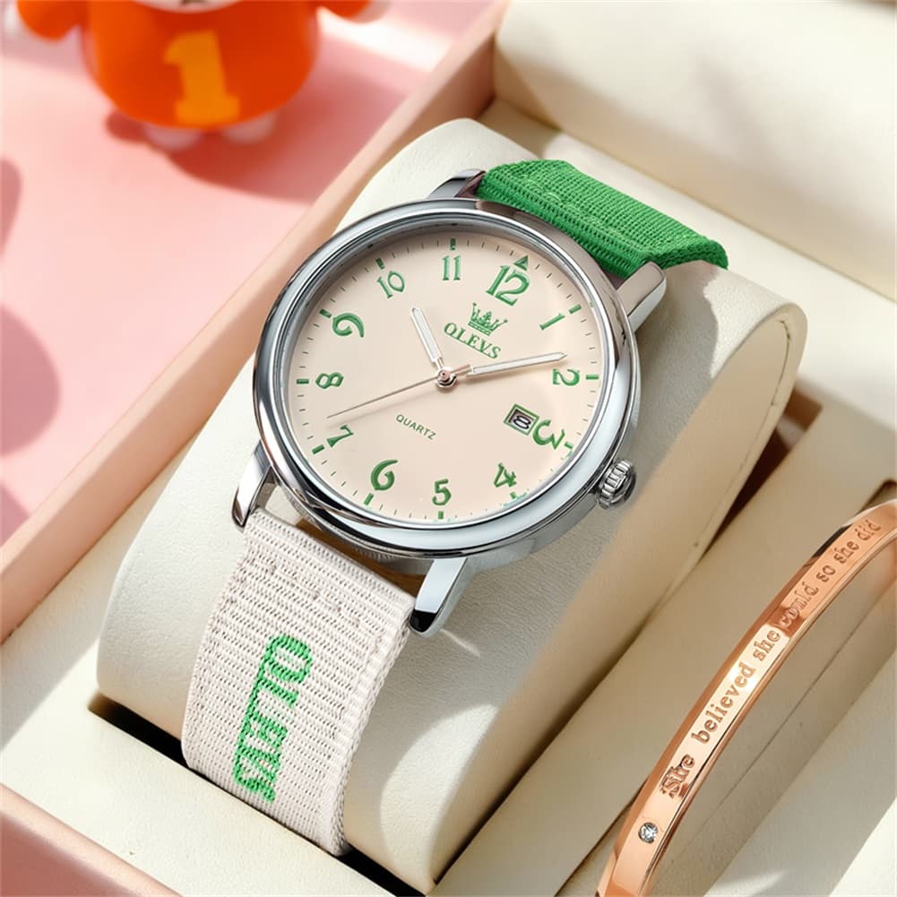 OLEVS 2991 Nylon Strap Casual Retro Quartz Watch for Men and Women - Green Watch | Olevs Watch Store