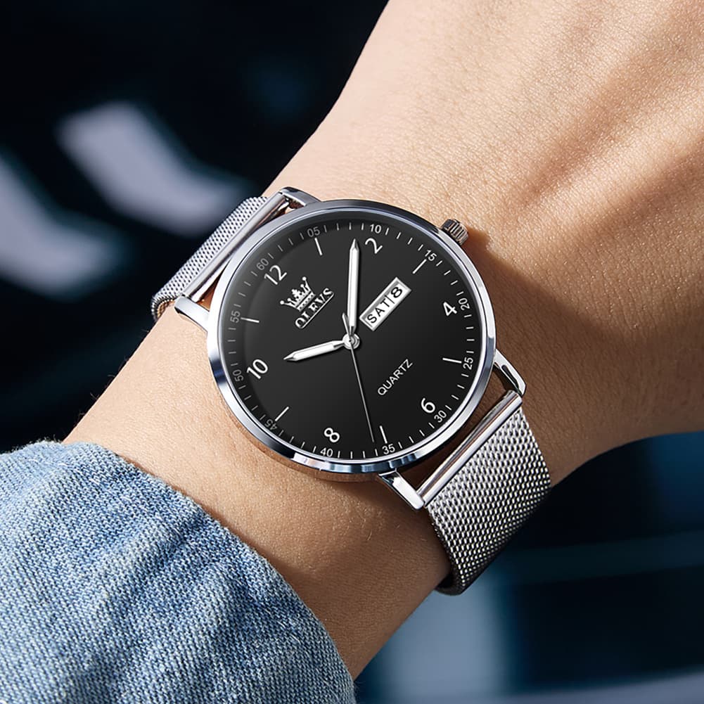 OLEVS 2996 Milanese Steel Minimalist Quartz Watch for Men - Black white Watch | Olevs Watch Store