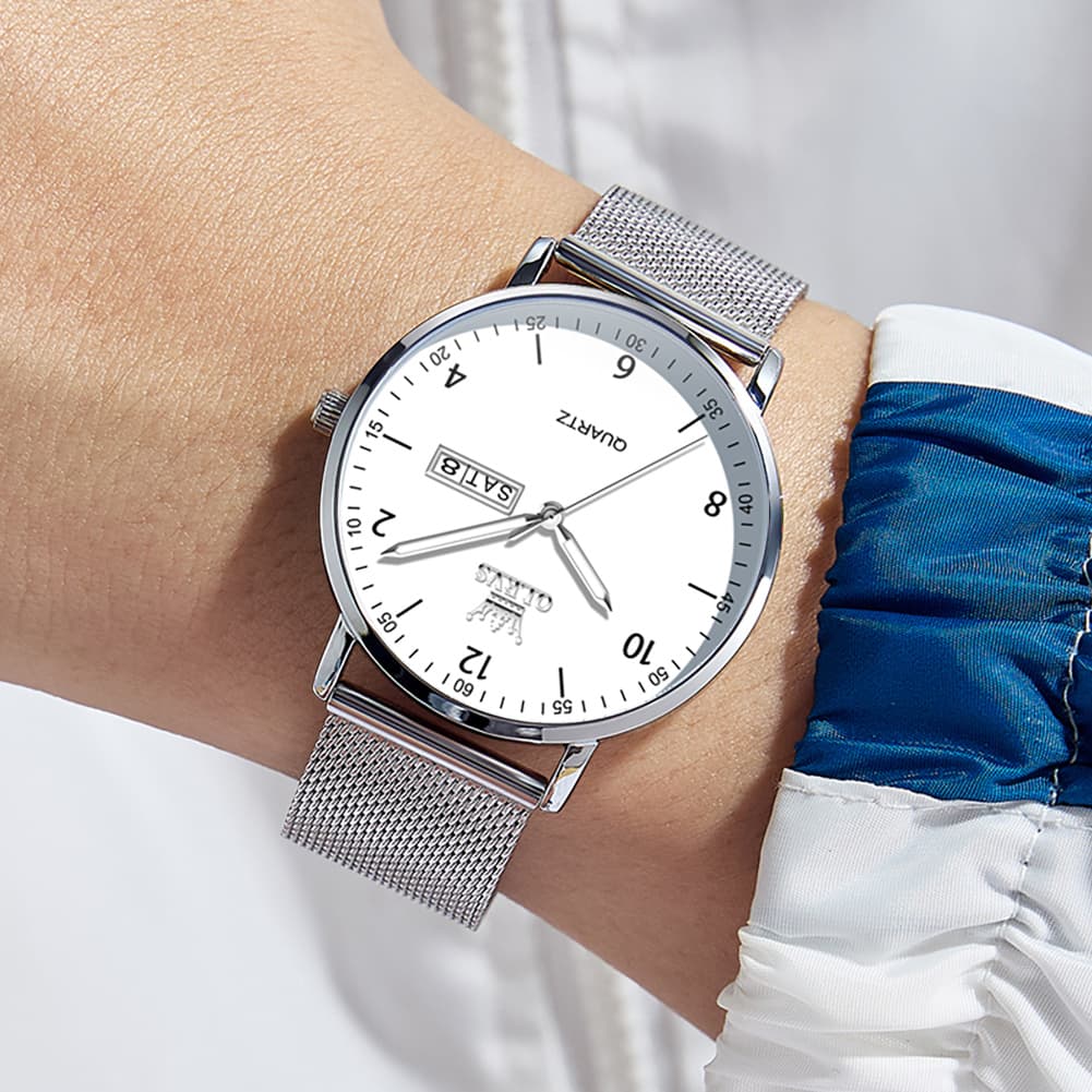 OLEVS 2996 Milanese Steel Minimalist Quartz Watch for Men - Black white Watch | Olevs Watch Store