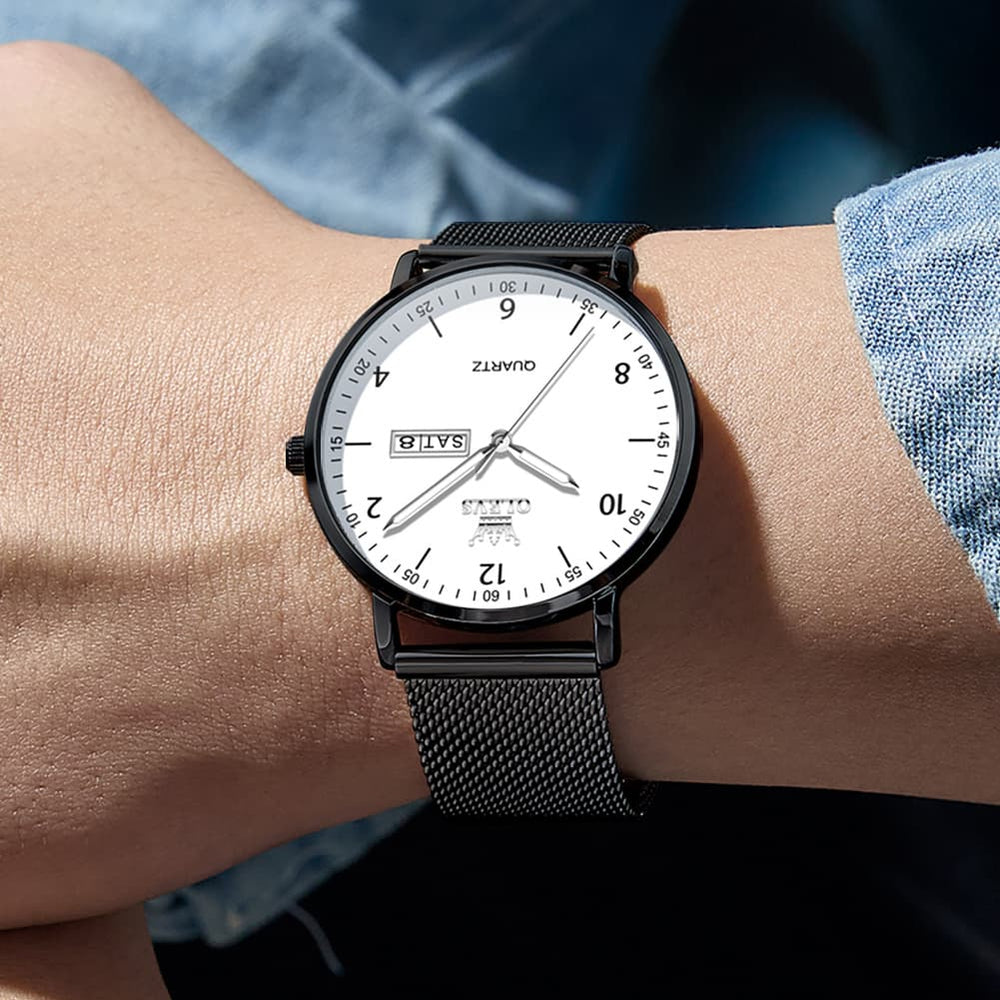 OLEVS 2996 Milanese Steel Minimalist Quartz Watch for Men - Black white Watch | Olevs Watch Store
