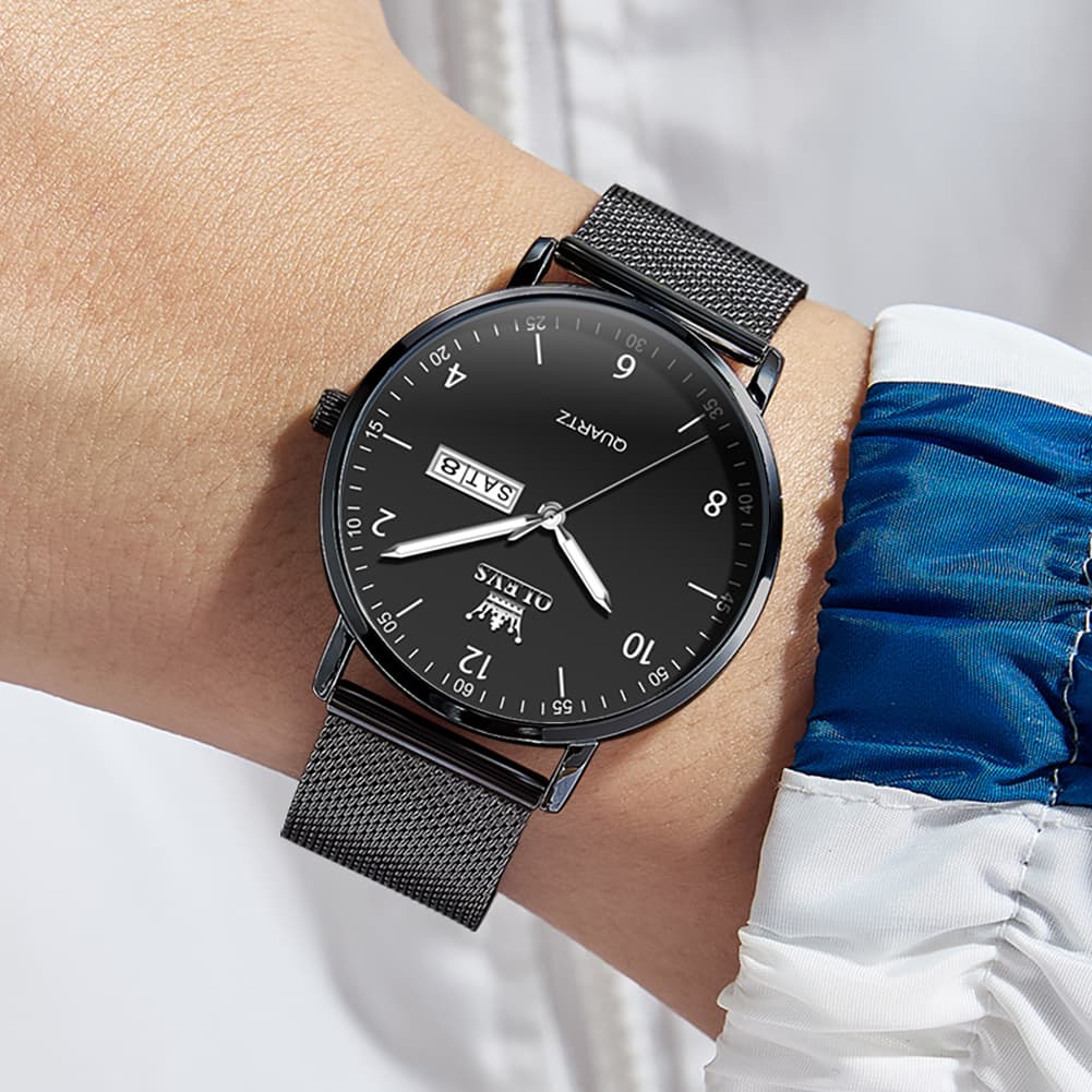 OLEVS 2996 Milanese Steel Minimalist Quartz Watch for Men - Black white Watch | Olevs Watch Store