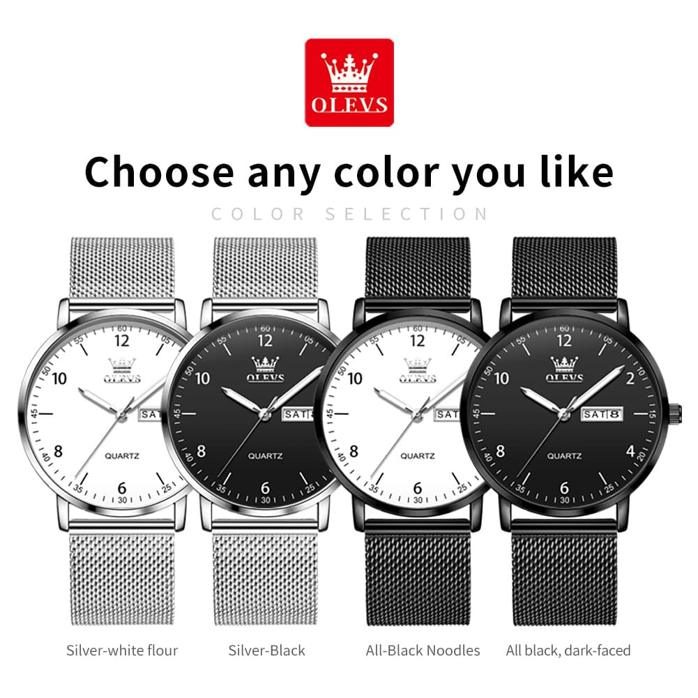 OLEVS 2996 Milanese Steel Minimalist Quartz Watch for Men - Black white Watch | Olevs Watch Store
