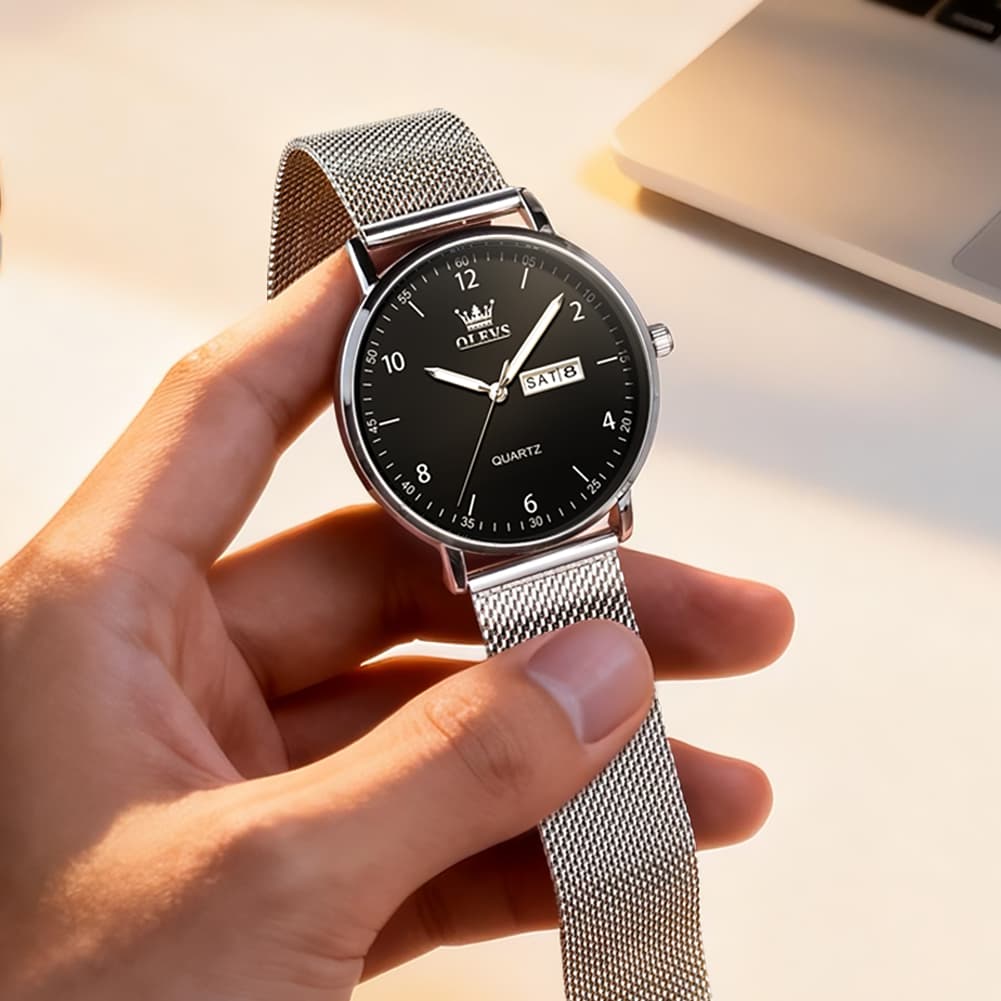 OLEVS 2996 Milanese Steel Minimalist Quartz Watch for Men - Black white Watch | Olevs Watch Store