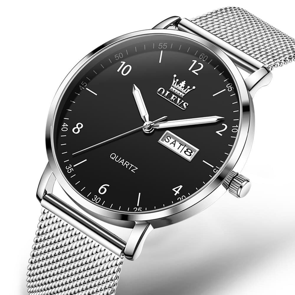 OLEVS 2996 Milanese Steel Minimalist Quartz Watch for Men - Silver Black Watch | Olevs Watch Store