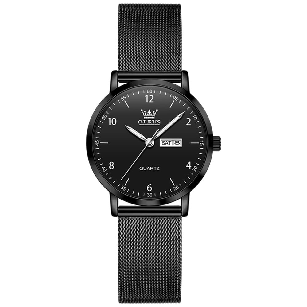 OLEVS 2996N Milanese Steel Minimalist Quartz Watch for Women - All Black Watch | Olevs Watch Store