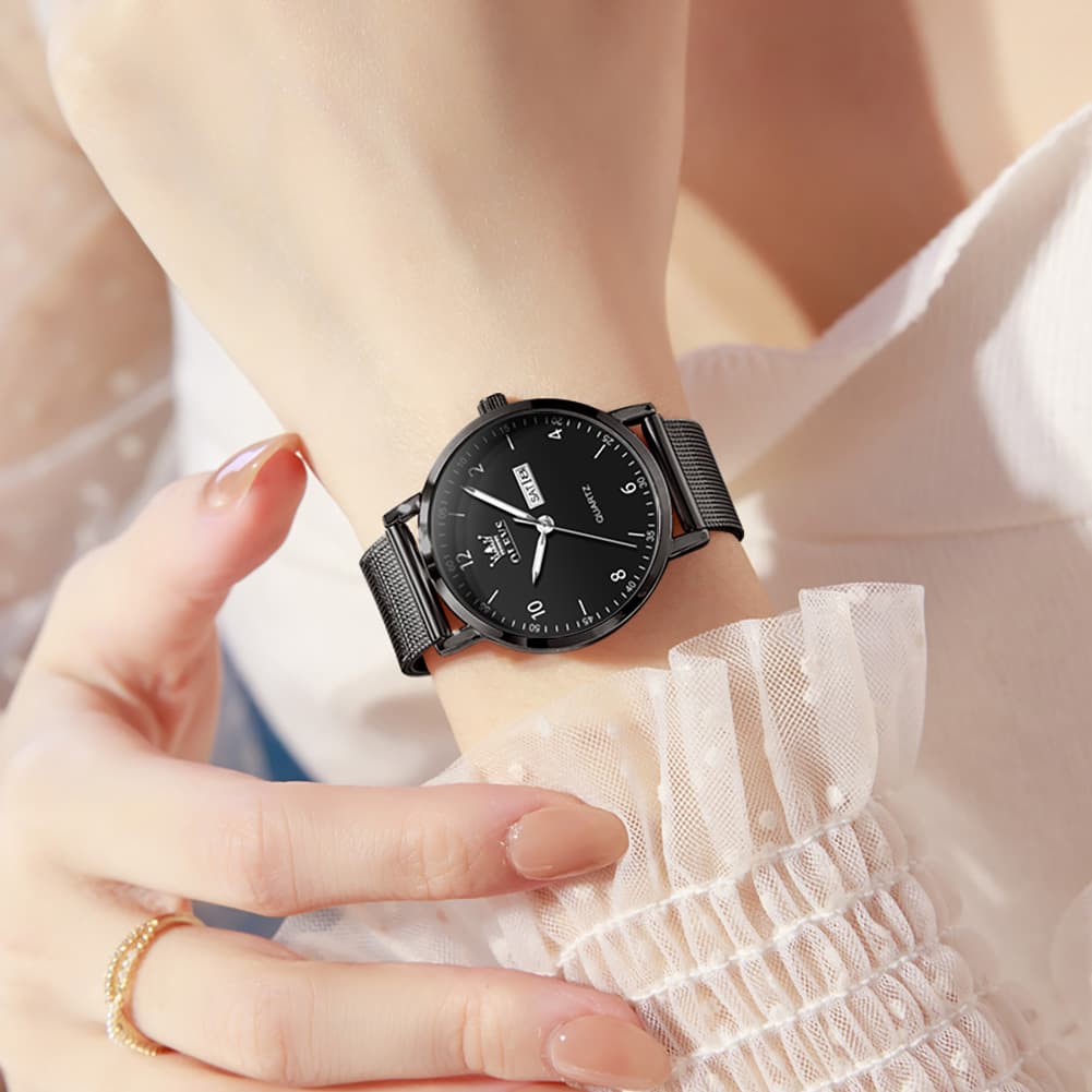 OLEVS 2996N Milanese Steel Minimalist Quartz Watch for Women - All Black Watch | Olevs Watch Store