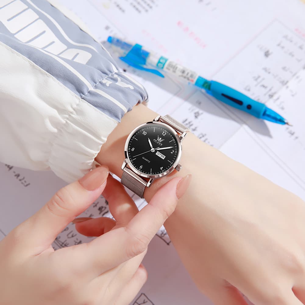 OLEVS 2996N Milanese Steel Minimalist Quartz Watch for Women - All Black Watch | Olevs Watch Store