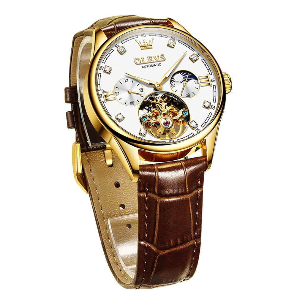 OLEVS 3601 Classic Open Heart Automatic Leather Watch for Men - All Black Watch | Olevs Watch Store