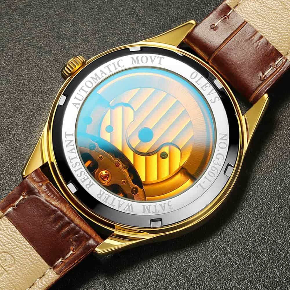 OLEVS 3601 Classic Open Heart Automatic Leather Watch for Men - All Black Watch | Olevs Watch Store