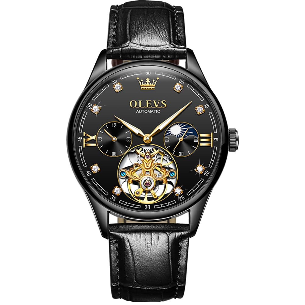 OLEVS 3601 Classic Open Heart Automatic Leather Watch for Men - All Black Watch | Olevs Watch Store