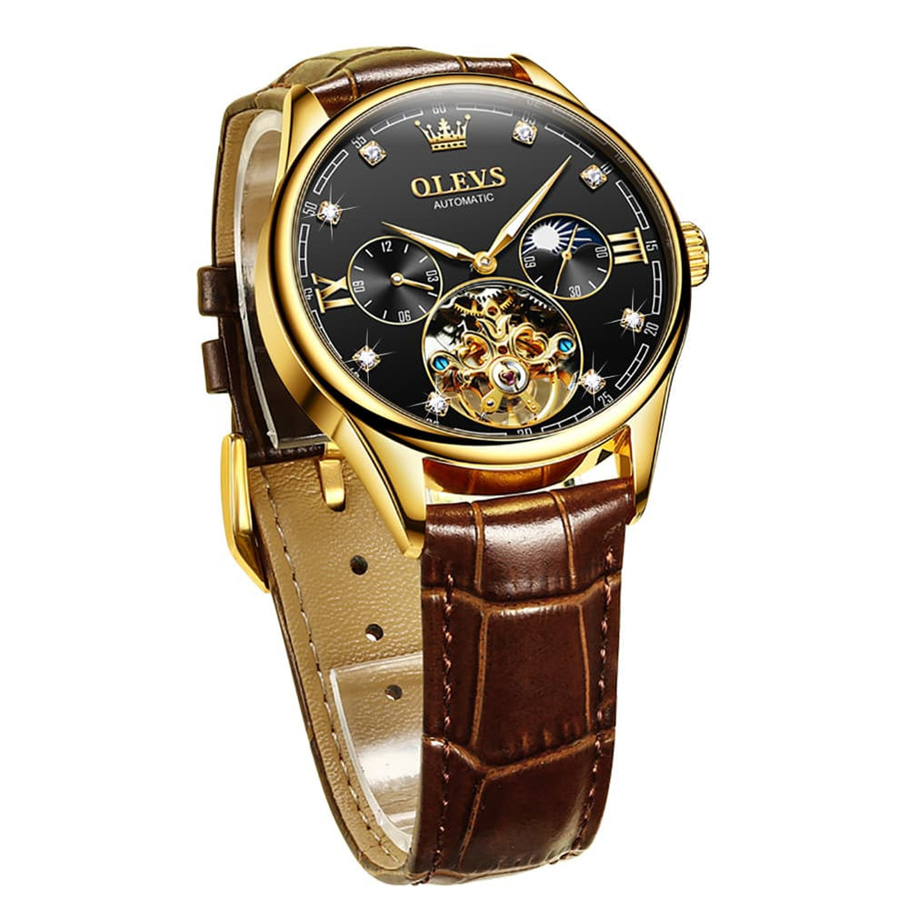 OLEVS 3601 Classic Open Heart Automatic Leather Watch for Men - All Black Watch | Olevs Watch Store