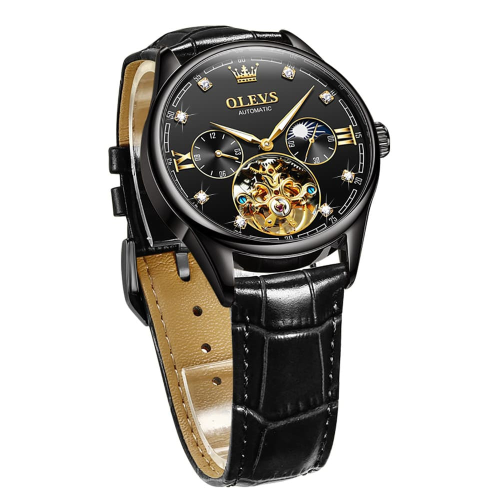 OLEVS 3601 Classic Open Heart Automatic Leather Watch for Men - All Black Watch | Olevs Watch Store