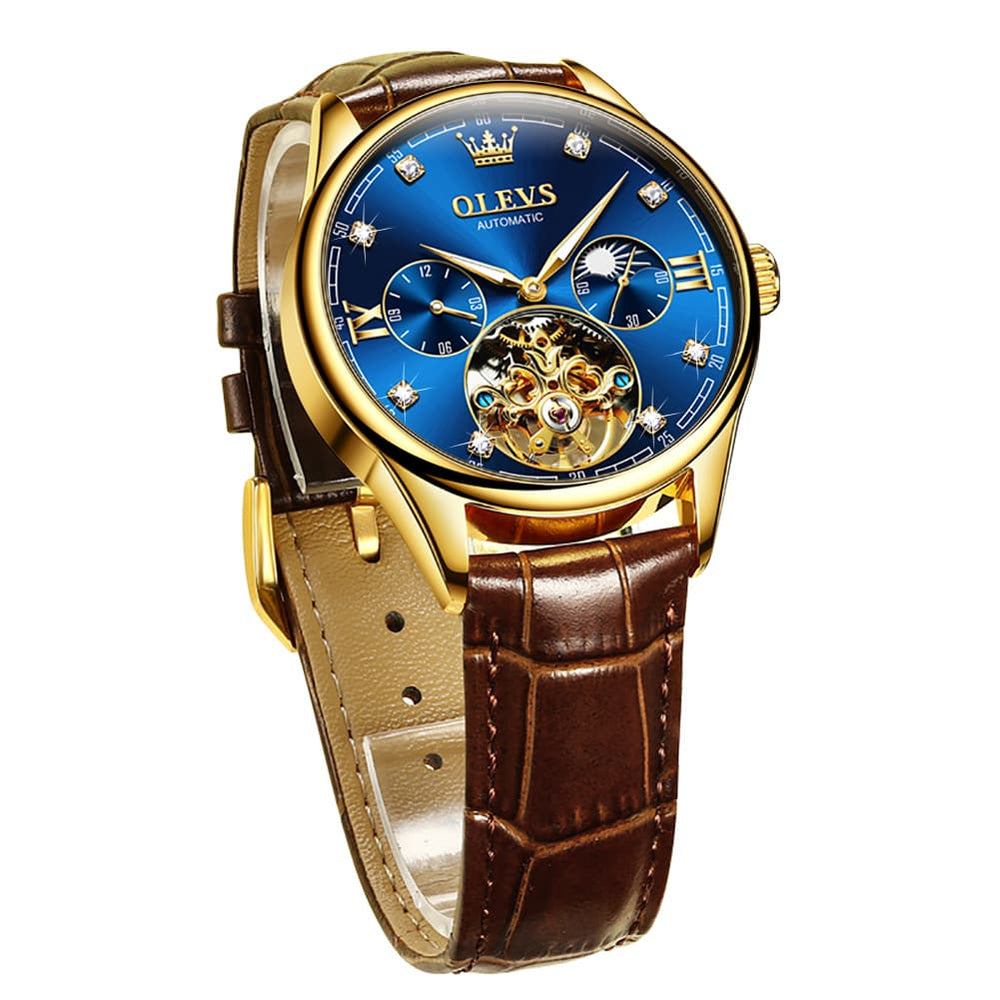 OLEVS 3601 Classic Open Heart Automatic Leather Watch for Men - All Black Watch | Olevs Watch Store