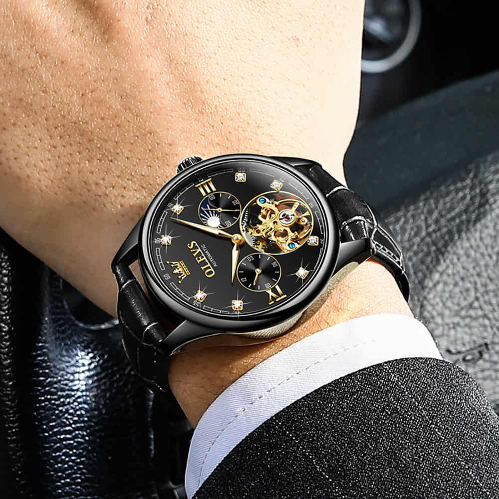 OLEVS 3601 Classic Open Heart Automatic Leather Watch for Men - All Black Watch | Olevs Watch Store