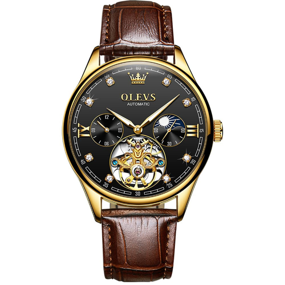 OLEVS 3601 Classic Open Heart Automatic Leather Watch for Men - Gold Black Watch | Olevs Watch Store