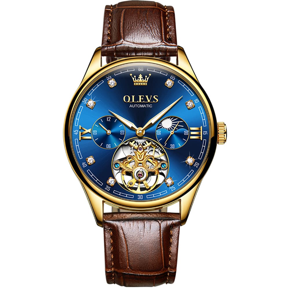 OLEVS 3601 Classic Open Heart Automatic Leather Watch for Men - Gold Blue Watch | Olevs Watch Store