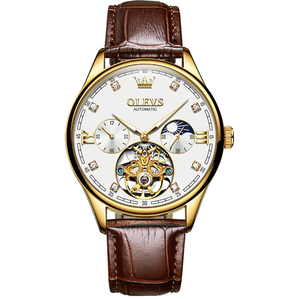 OLEVS 3601 Classic Open Heart Automatic Leather Watch for Men - Gold White Watch | Olevs Watch Store