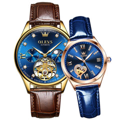 OLEVS 3601 Romantic Open Heart Automatic Couple Watch Set - His Gold Blue & Hers Starry Blue Watch | Olevs Watch Store