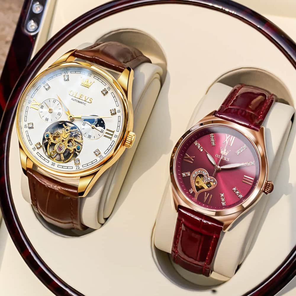 OLEVS 3601 Romantic Open Heart Automatic Couple Watch Set - His Gold Blue & Hers Starry Blue Watch | Olevs Watch Store