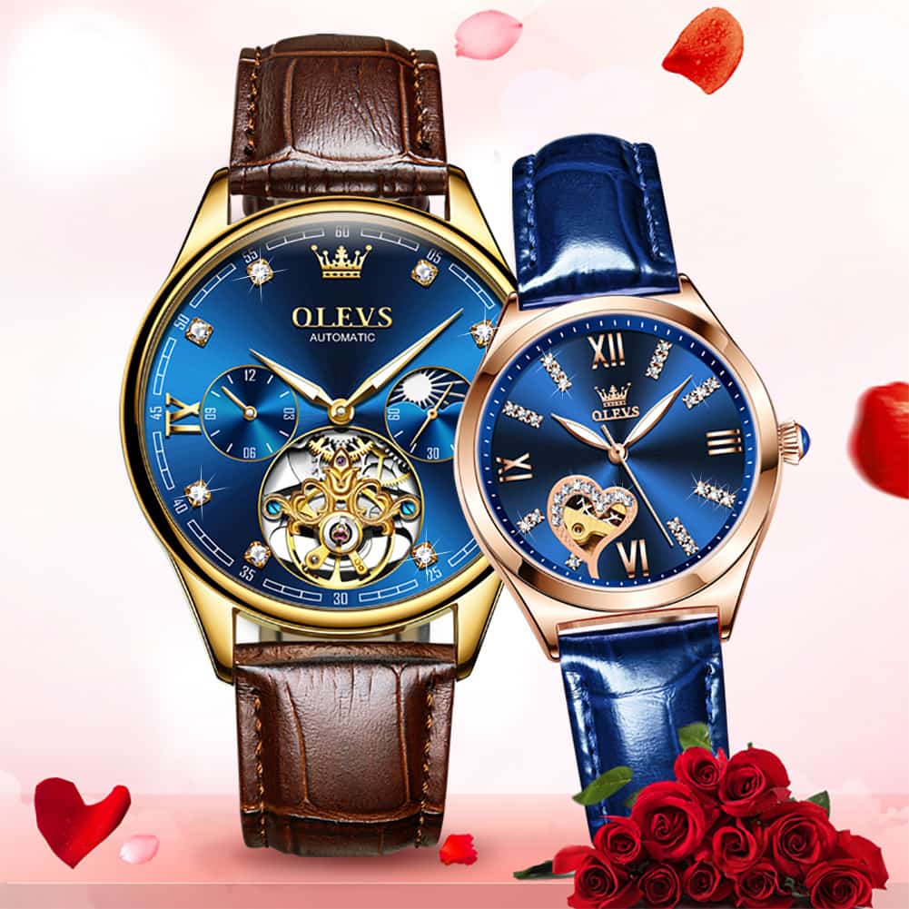 OLEVS 3601 Romantic Open Heart Automatic Couple Watch Set - His Gold Blue & Hers Starry Blue Watch | Olevs Watch Store