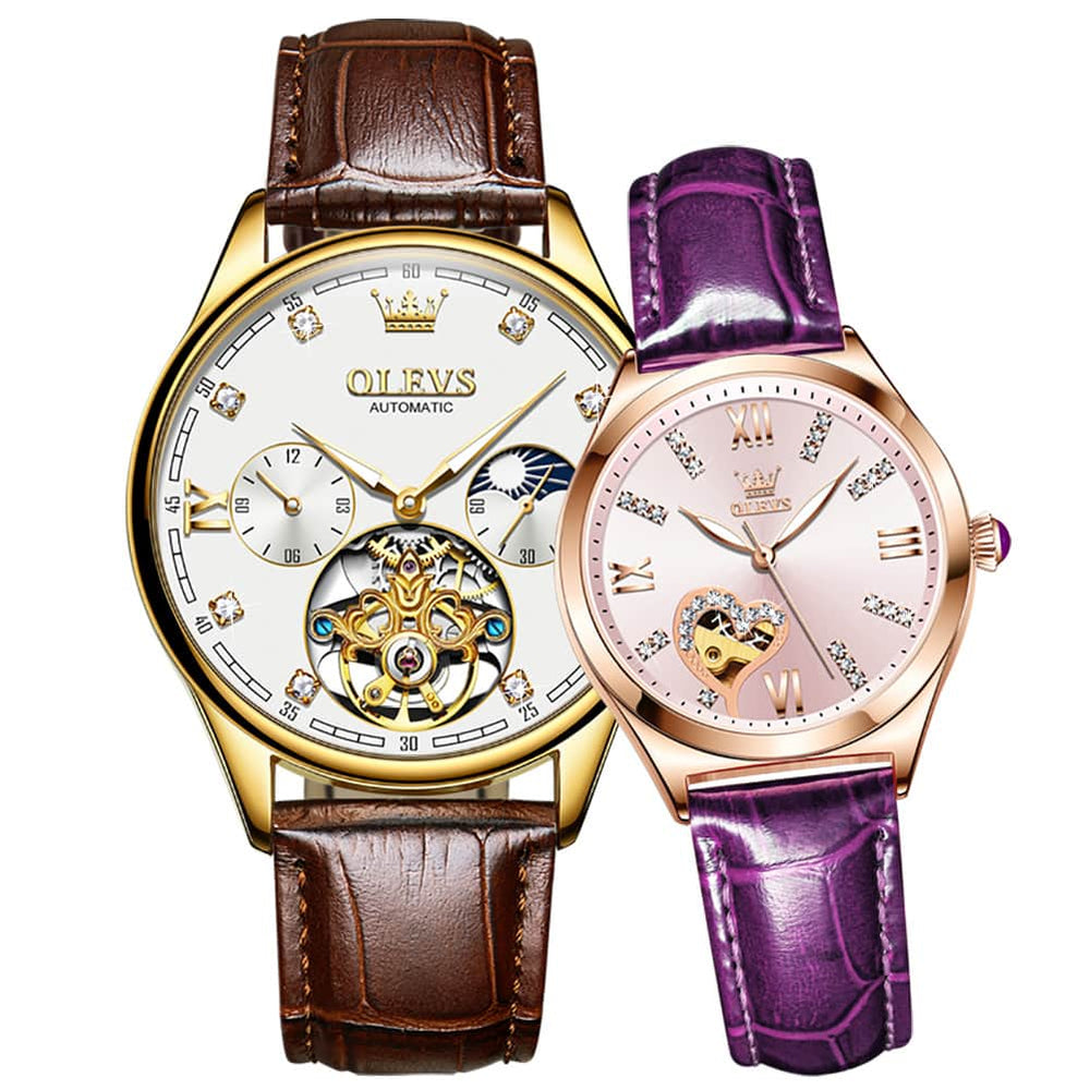 OLEVS 3601 Romantic Open Heart Automatic Couple Watch Set - His Gold White & Hers Royal Purple Watch | Olevs Watch Store