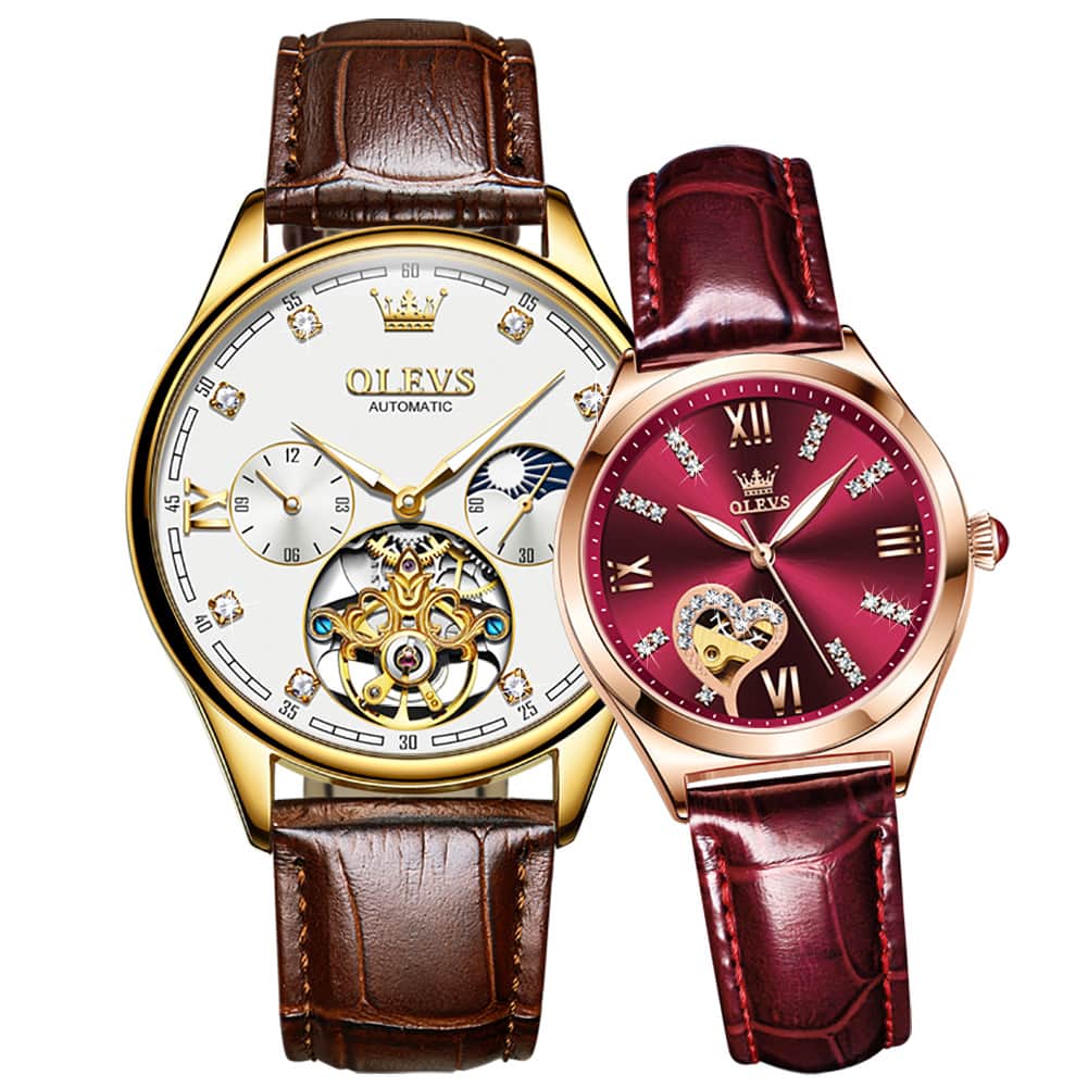 OLEVS 3601 Romantic Open Heart Automatic Couple Watch Set - His Gold White & Hers Burgundy Red Watch | Olevs Watch Store