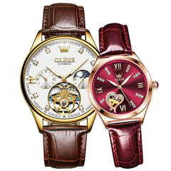 OLEVS 3601 Romantic Open Heart Automatic Couple Watch Set - His Gold White & Hers Burgundy Red Watch | Olevs Watch Store