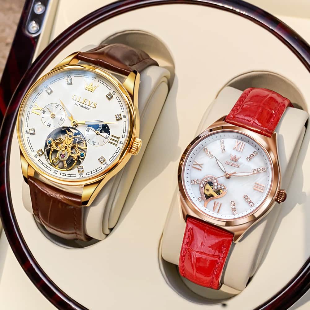OLEVS 3601 Romantic Open Heart Automatic Couple Watch Set - His Gold Blue & Hers Starry Blue Watch | Olevs Watch Store