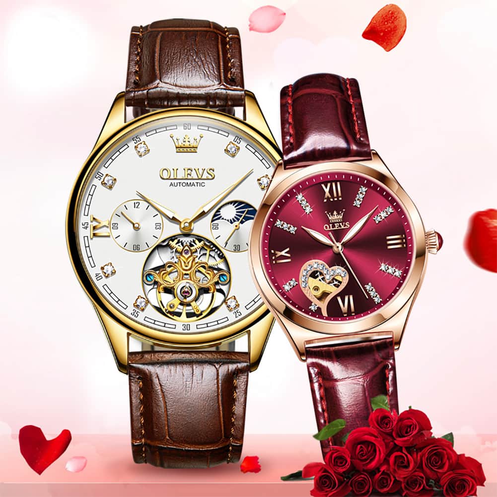 OLEVS 3601 Romantic Open Heart Automatic Couple Watch Set - His Gold Blue & Hers Starry Blue Watch | Olevs Watch Store