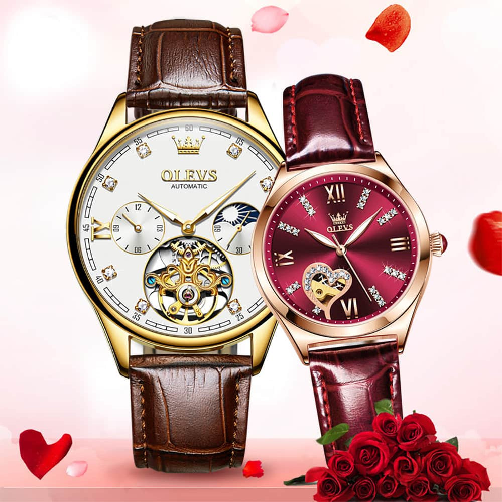 OLEVS 3601 Romantic Open Heart Automatic Couple Watch Set - His Gold Blue & Hers Starry Blue Watch | Olevs Watch Store