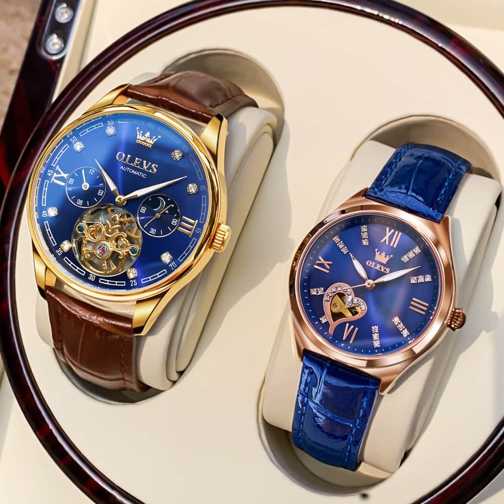 OLEVS 3601 Romantic Open Heart Automatic Couple Watch Set - His Gold Blue & Hers Starry Blue Watch | Olevs Watch Store
