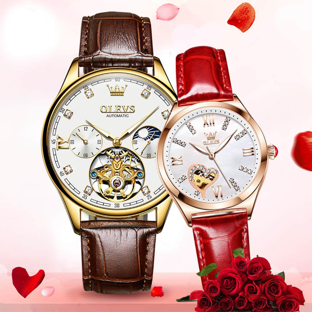 OLEVS 3601 Romantic Open Heart Automatic Couple Watch Set - His Gold Blue & Hers Starry Blue Watch | Olevs Watch Store