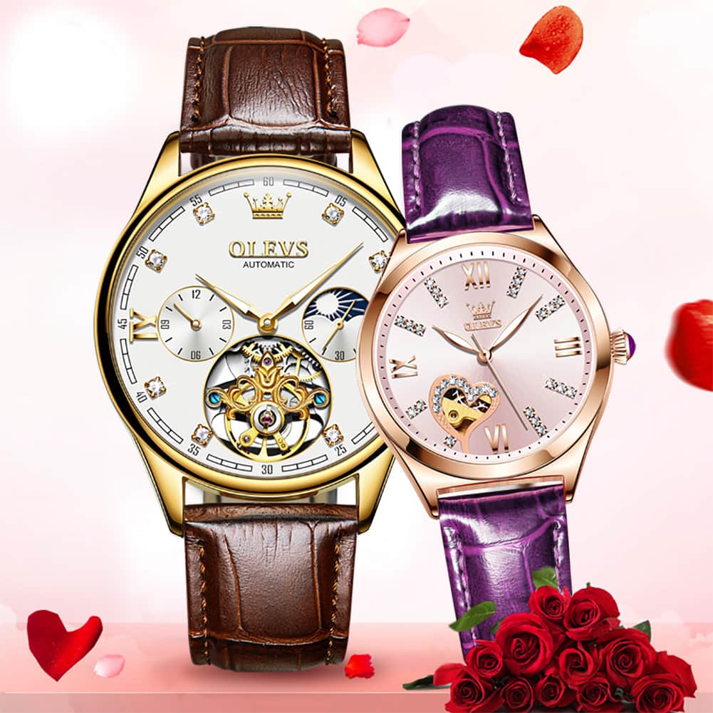 OLEVS 3601 Romantic Open Heart Automatic Couple Watch Set - His Gold Blue & Hers Starry Blue Watch | Olevs Watch Store