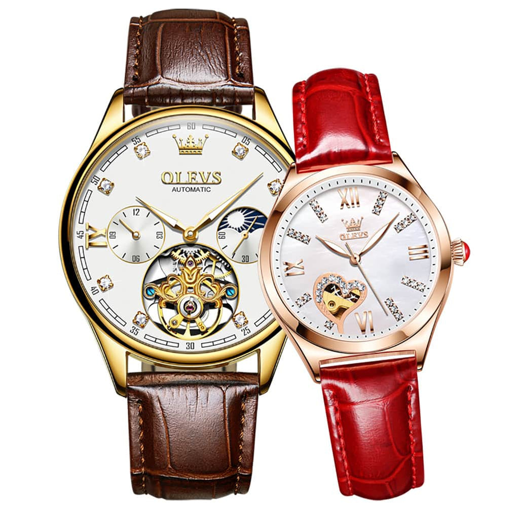 OLEVS 3601 Romantic Open Heart Automatic Couple Watch Set - His Gold White & Hers Rose Pink Watch | Olevs Watch Store