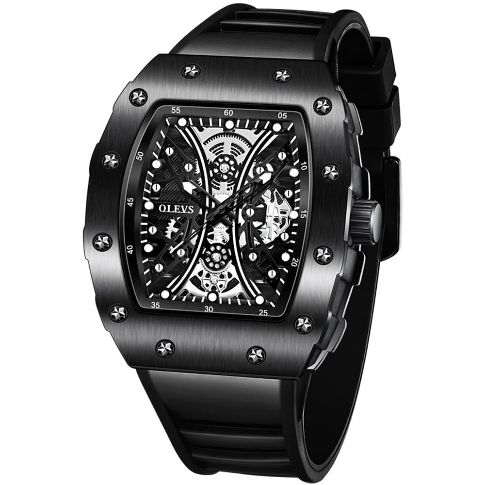 OLEVS 3602 Tonneau Skeleton Quartz Watch for Men - All Black Watch | Olevs Watch Store