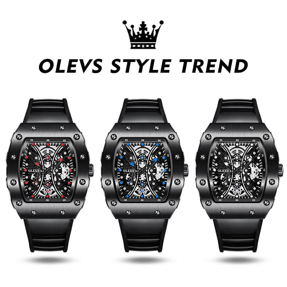 OLEVS 3602 Tonneau Skeleton Quartz Watch for Men - All Black Watch | Olevs Watch Store