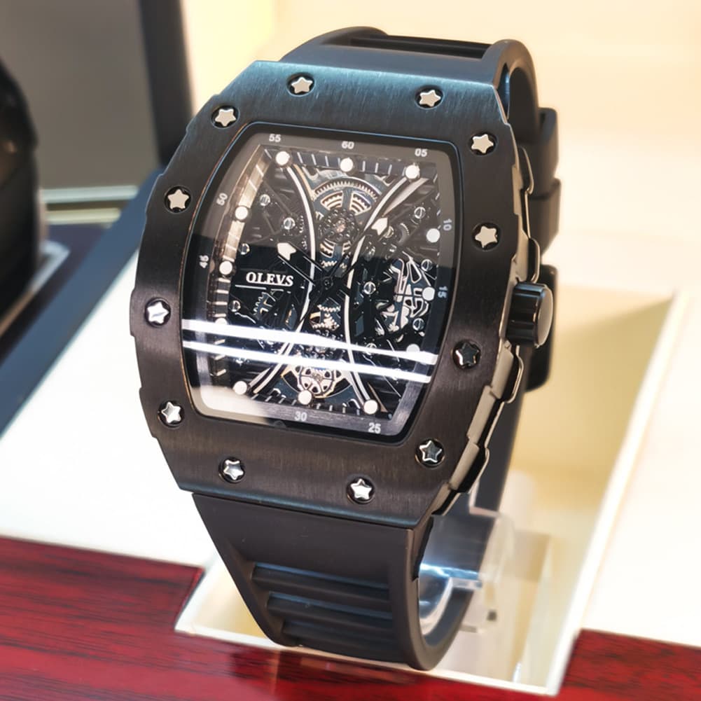 OLEVS 3602 Tonneau Skeleton Quartz Watch for Men - All Black Watch | Olevs Watch Store